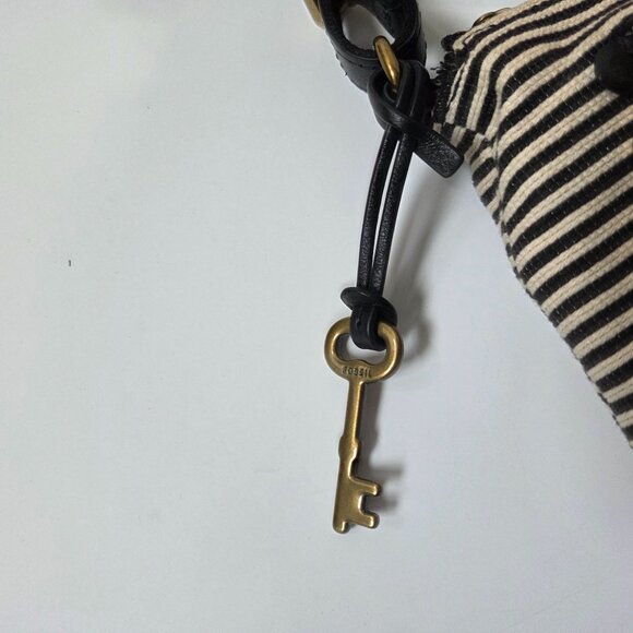 Fossil Purse Kinley Black Striped Canvas Tan Leather Crossbody Bag Boho - Picture 10 of 11